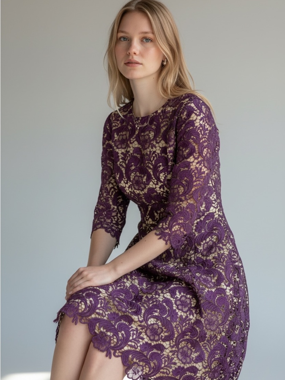 Eliza J Purple Lace Midi Dress with Nude Underlay
